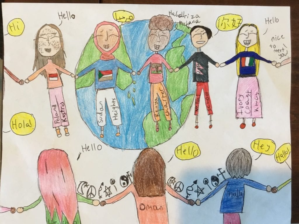Drawing of students from around the world holding hands and saying hello in their native languages.