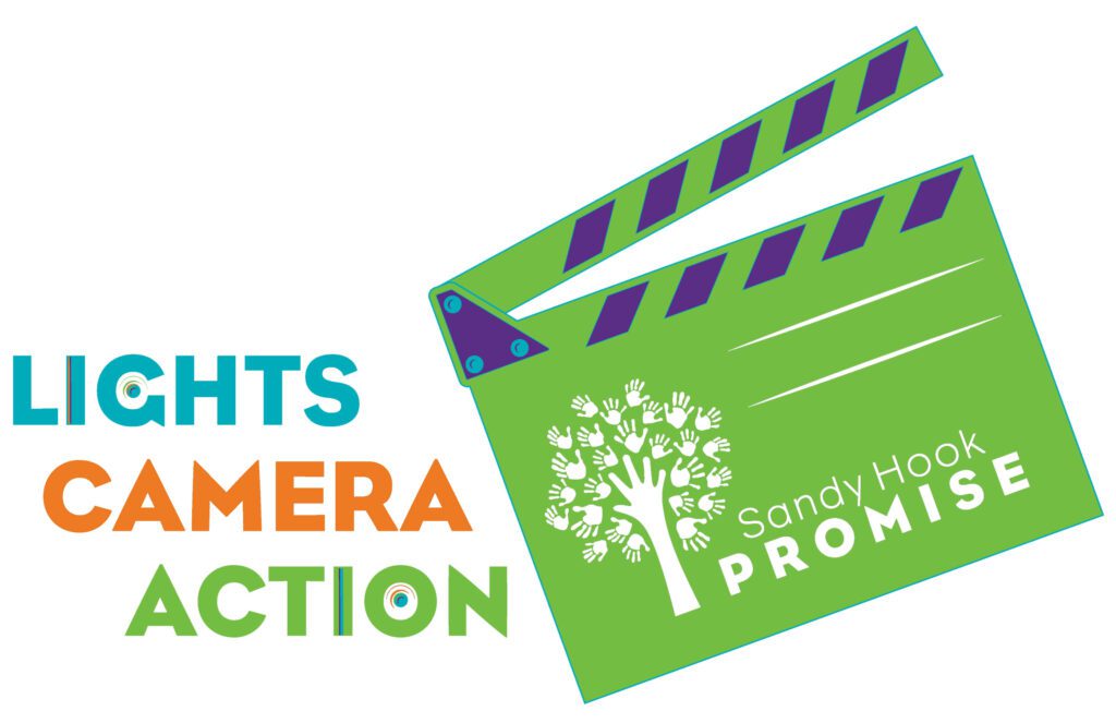 Illustration of movie clapboard with the phrase 'lights, camera, action'