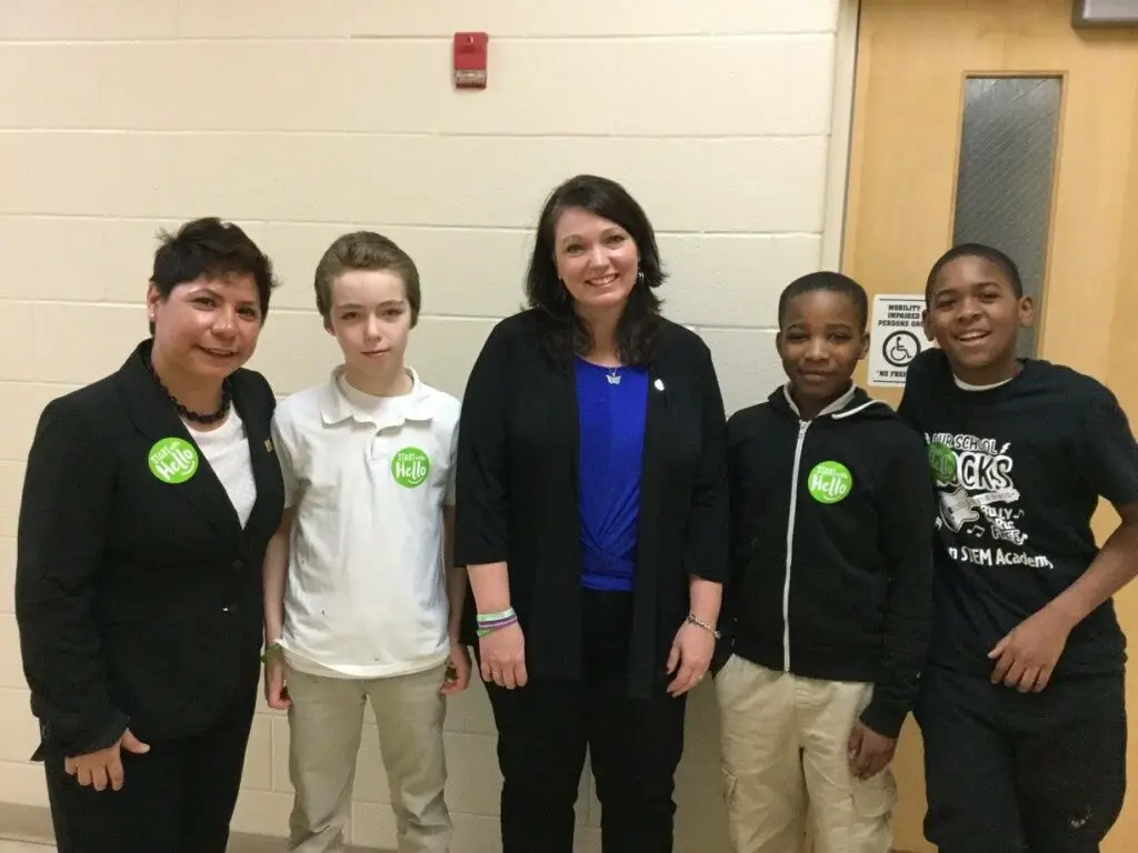 Nicole Hockley visiting a school during Start with Hello Week.