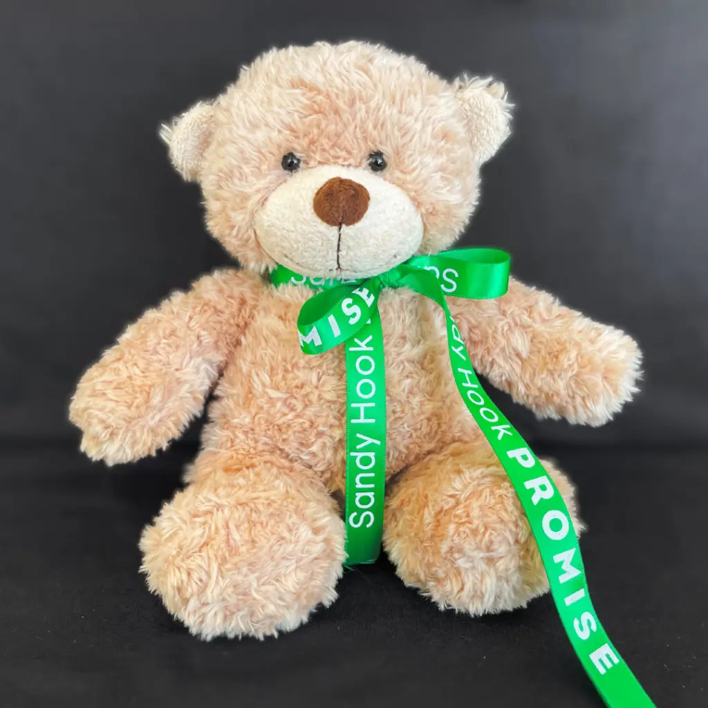 A teddy bear with a green ribbon tied around its neck and printed with the words Sandy Hook Promise